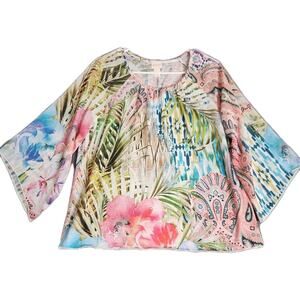 Chicos Magnificent Florals Tropical Print Top Womens Sz‎ M Kimono Sheer Sleeves